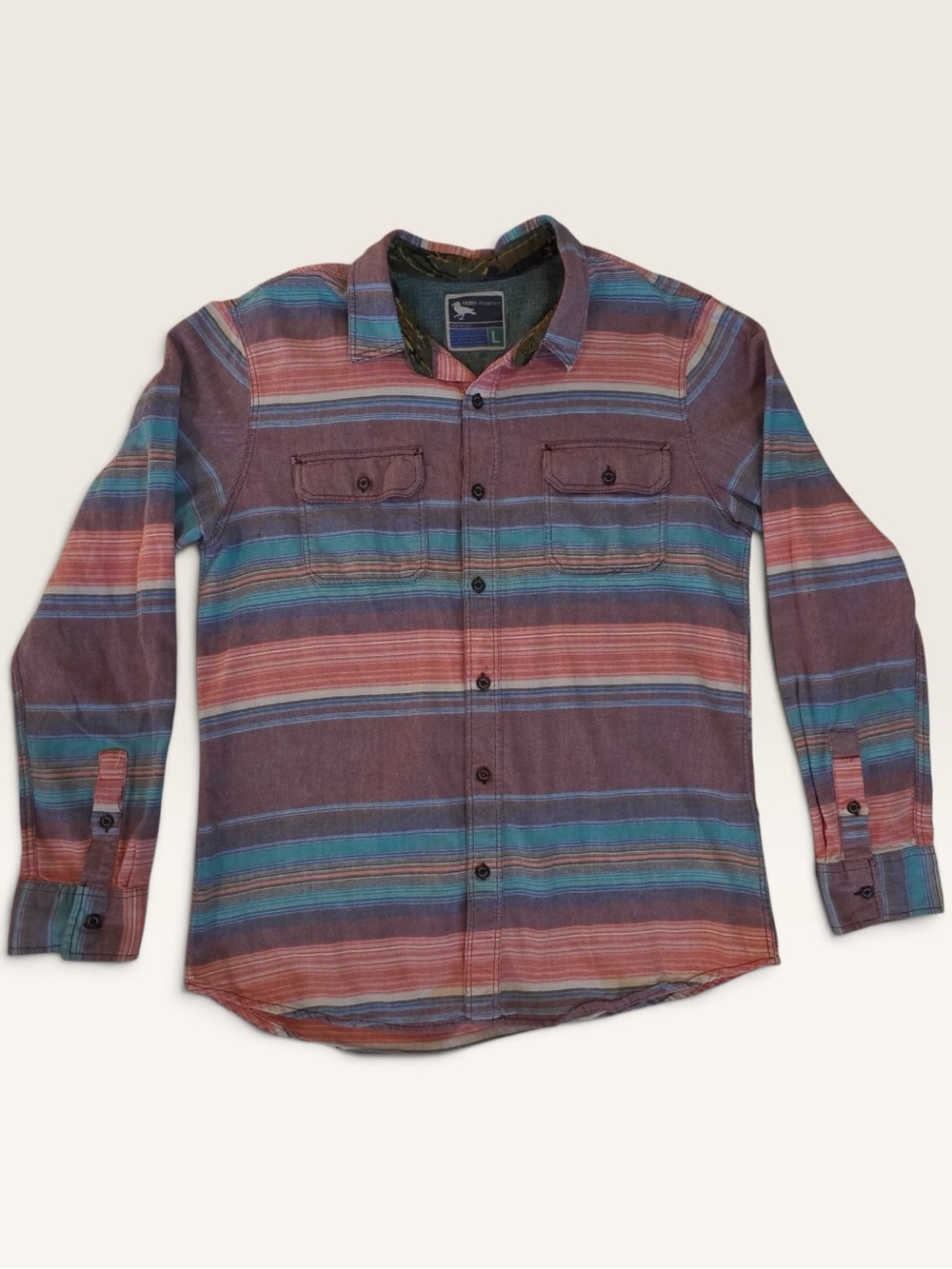 Modern Amusement Men’s L Southwestern Stripe Button Up Shirt Camo Detail
